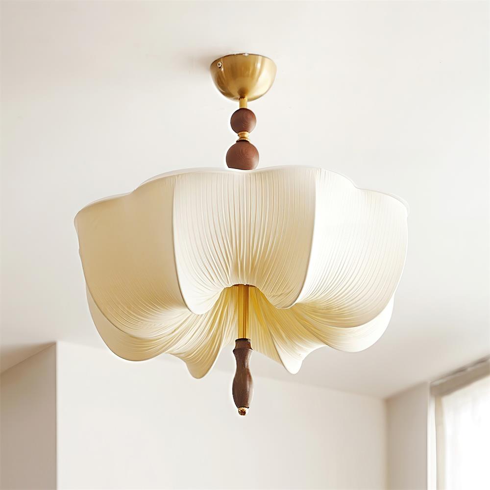 Four Bulbs Gold Fabric Shade Wood And Metal Lux Ceiling Light